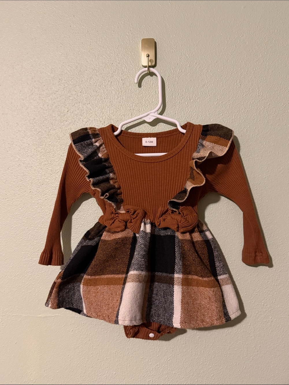 Rust Brown Ruffle Plaid Baby Dress